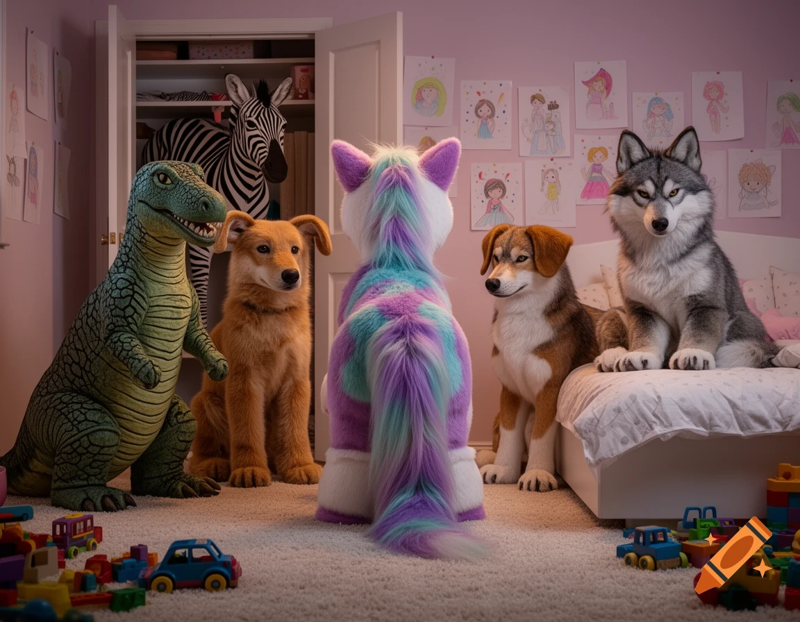 A green dinosaur, two dogs, a colorful unicorn, a zebra, and a wolf fursuit gather in a child's bedroom with toys and drawings.