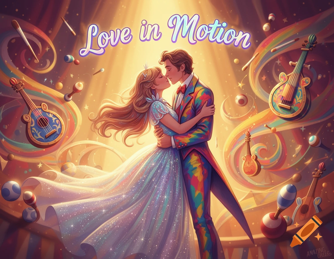 Vibrant digital art of a couple embracing and about to kiss in a magical circus setting with musical instruments and "Love in Motion" text.
