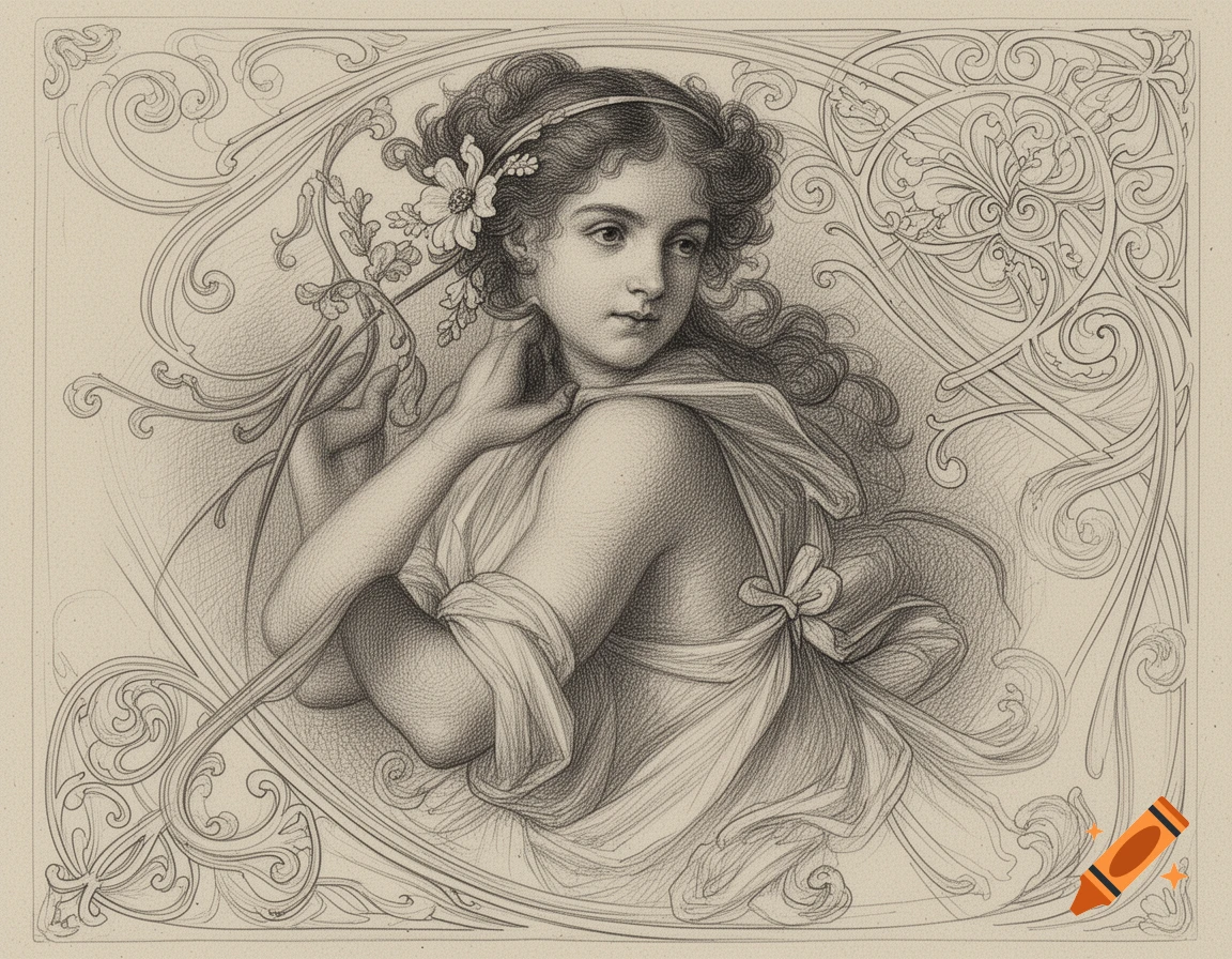 Detailed pencil drawing of a young woman with curly hair and a flower, draped in fabric, surrounded by ornate Art Nouveau flourishes.