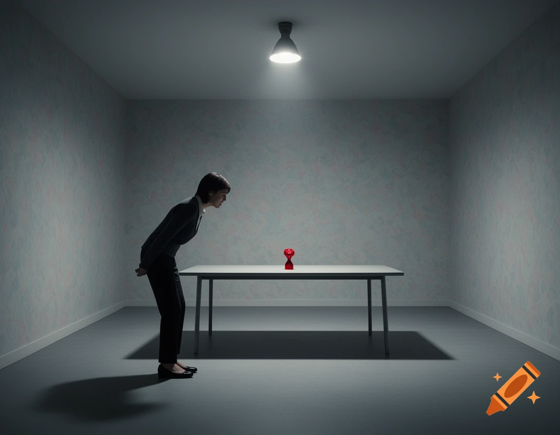 A woman in a dark suit leans over a white table, looking intently at a small, stylized red heart under a single overhead light in a stark, minimalist room.
