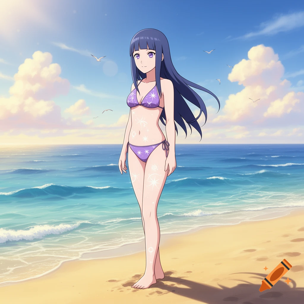 Anime-style Hinata from Naruto in a purple bikini stands on a sunny beach by the ocean.