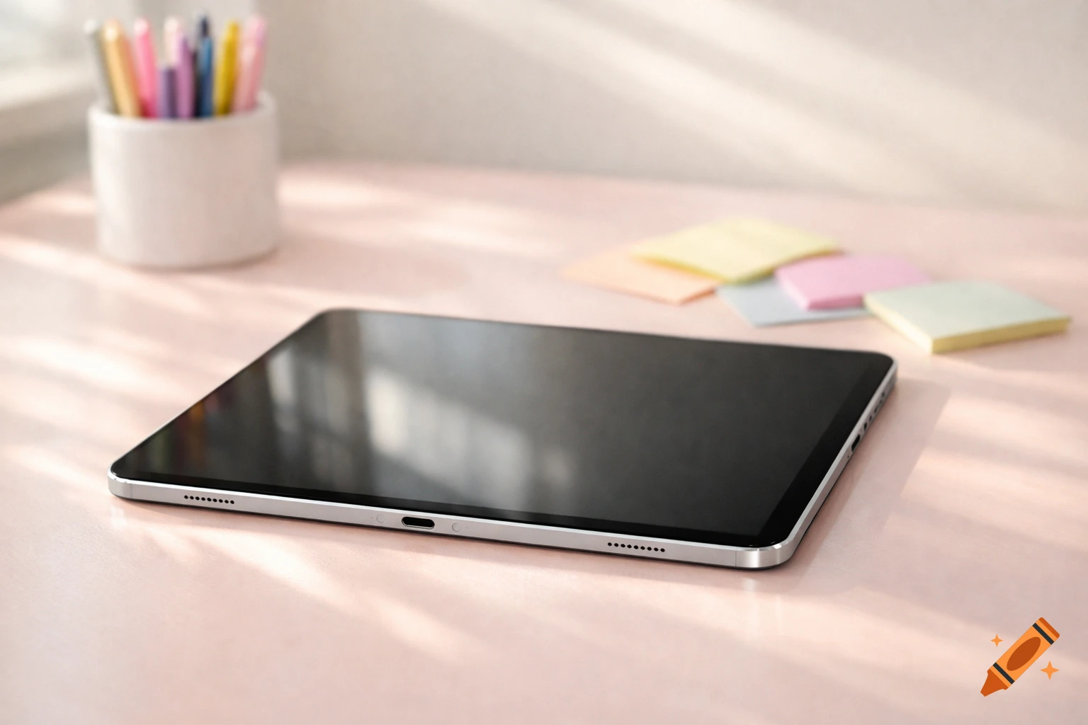 A photorealistic close-up of an iPad on a pale pink desk, with colorful pens and pastel sticky notes in the blurred background.