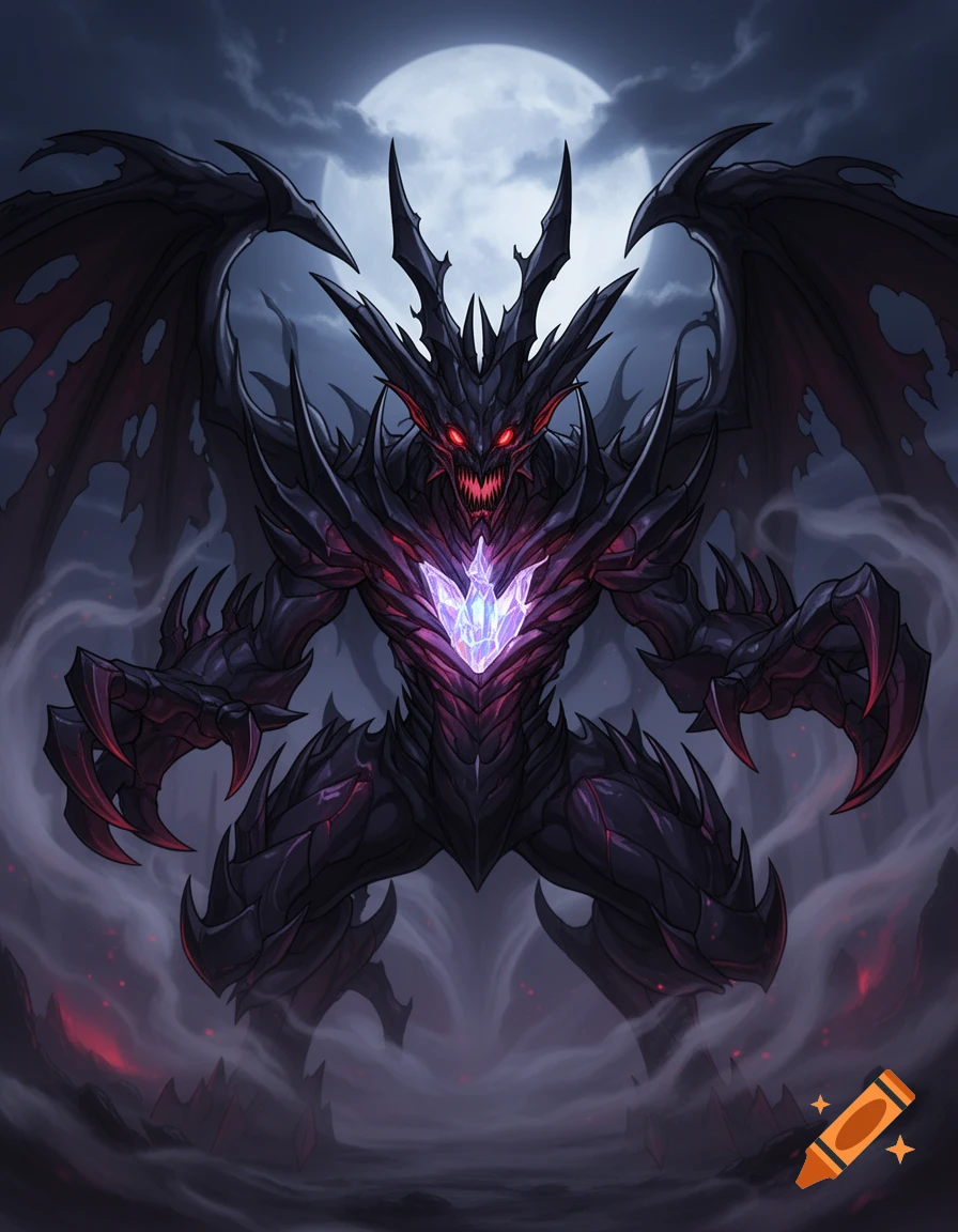 A dark, horned monster with glowing red eyes and a purple chest crystal ...