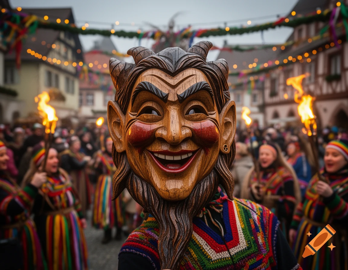 A person wearing a traditional carved wooden witch mask with horns and a smiling face, standing in a crowded street festival at night with torches and string lights.