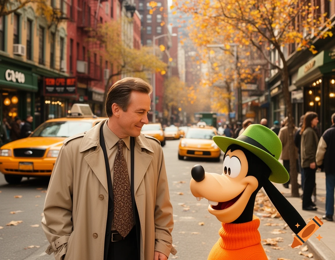 Detective Sipowicz in a trench coat smiles at a 3D Goofy character in a green hat on an autumn city street with yellow cabs.