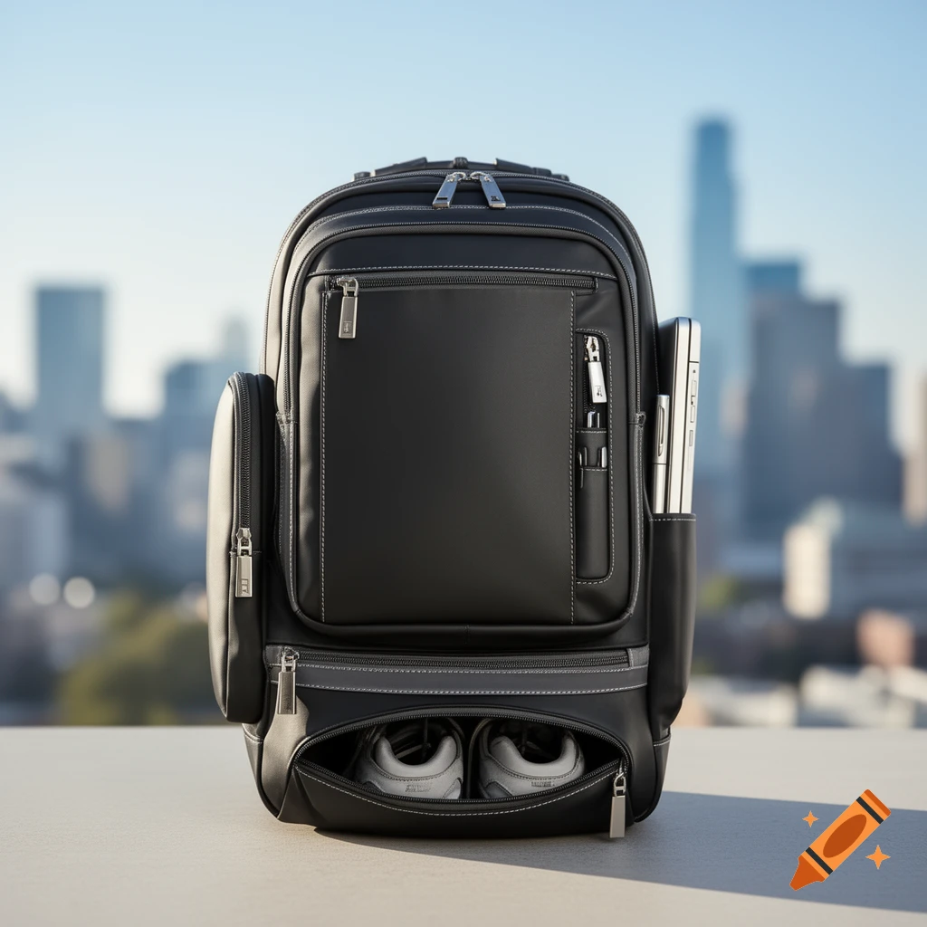 Backpack Visible A black modular backpack with multiple visible compartments, containing ...