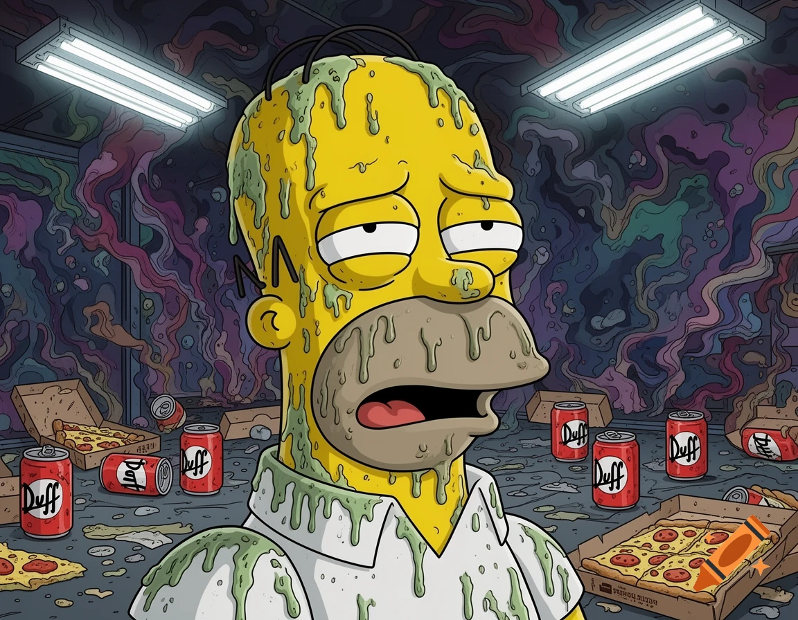 Distressed Homer Simpson, covered in green slime, surrounded by pizza boxes and Duff beer cans in a messy, dark, psychedelic room.