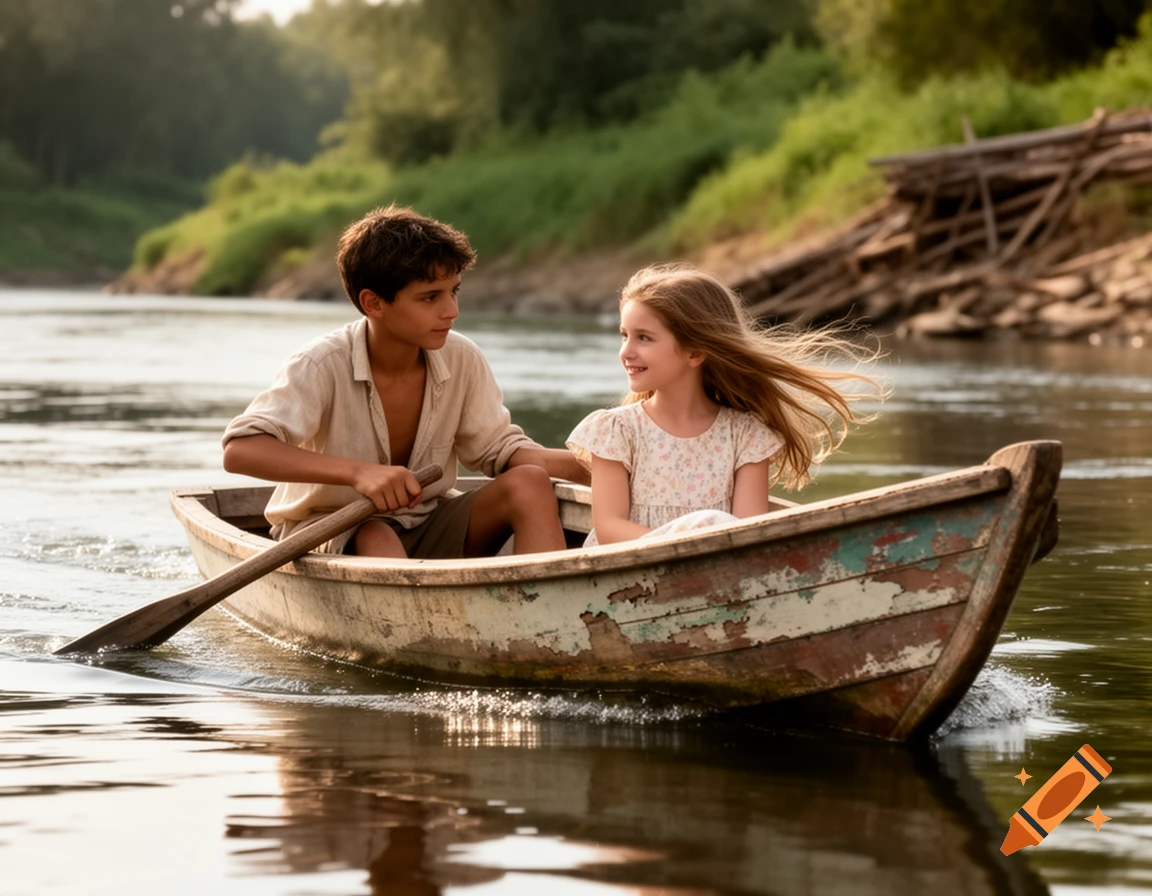 A photorealistic image of a boy rowing a wooden boat with a smiling girl in the front on a river with lush green banks.