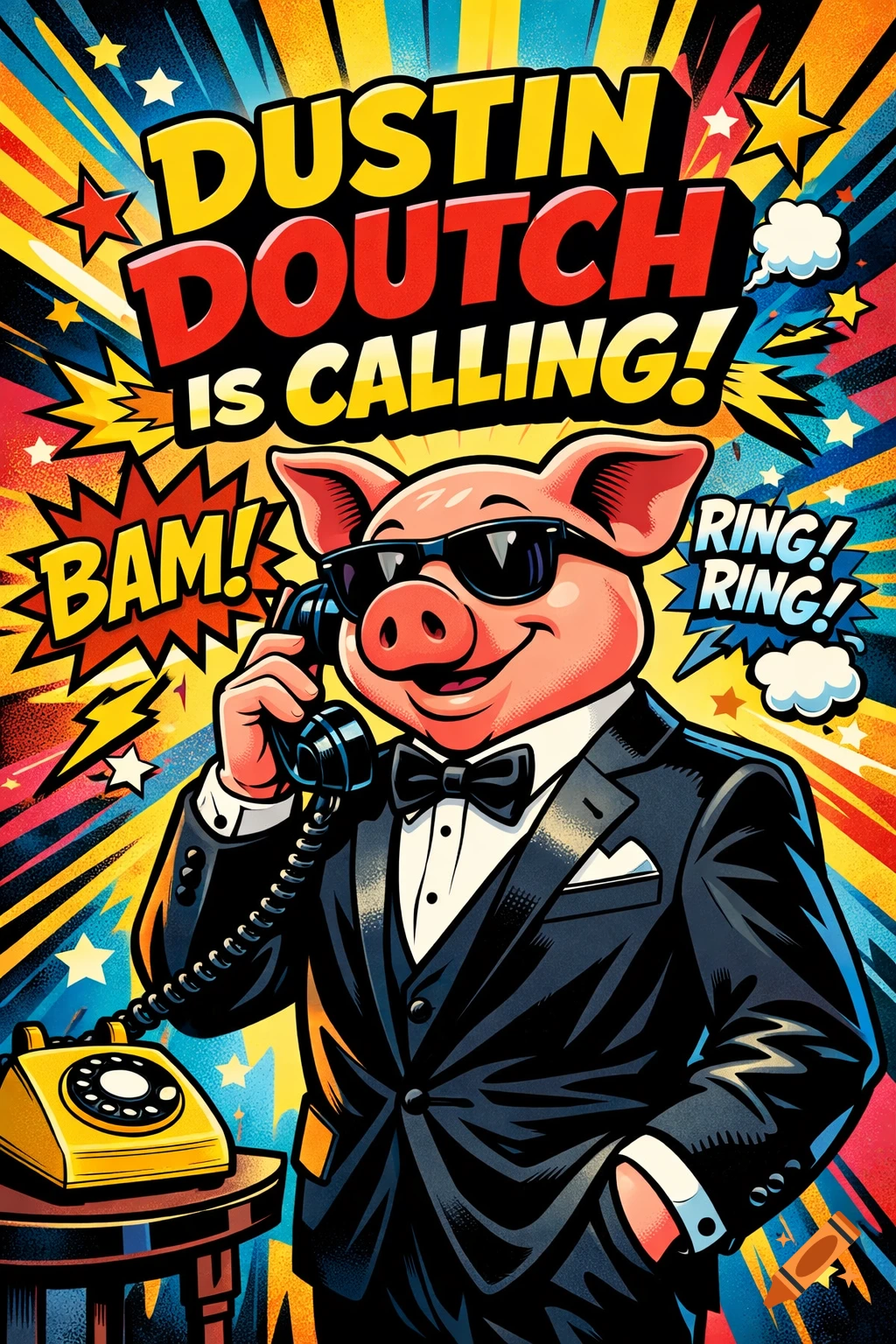 A cartoon pig in a tuxedo and sunglasses talks on a vintage phone against a vibrant comic book background with the text 'Dustin Doutch is Calling!'.