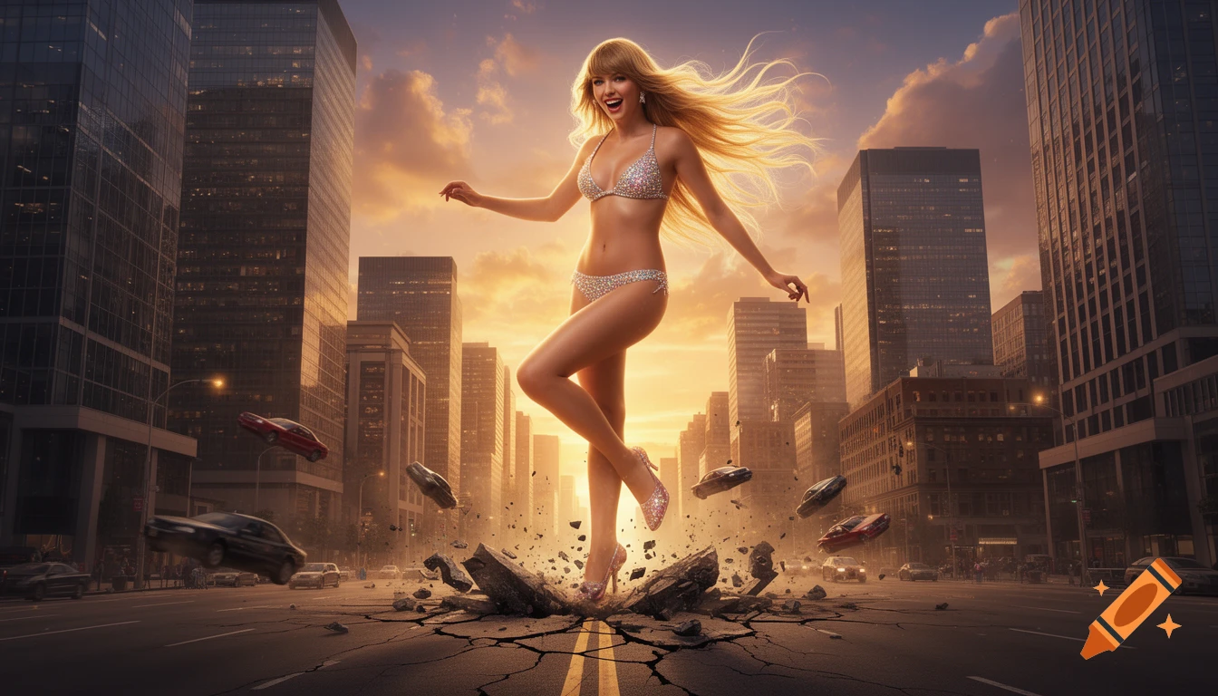 Giant blonde woman in a sparkling bikini dancing through a city street, cars flying and pavement cracking beneath her, at sunset.