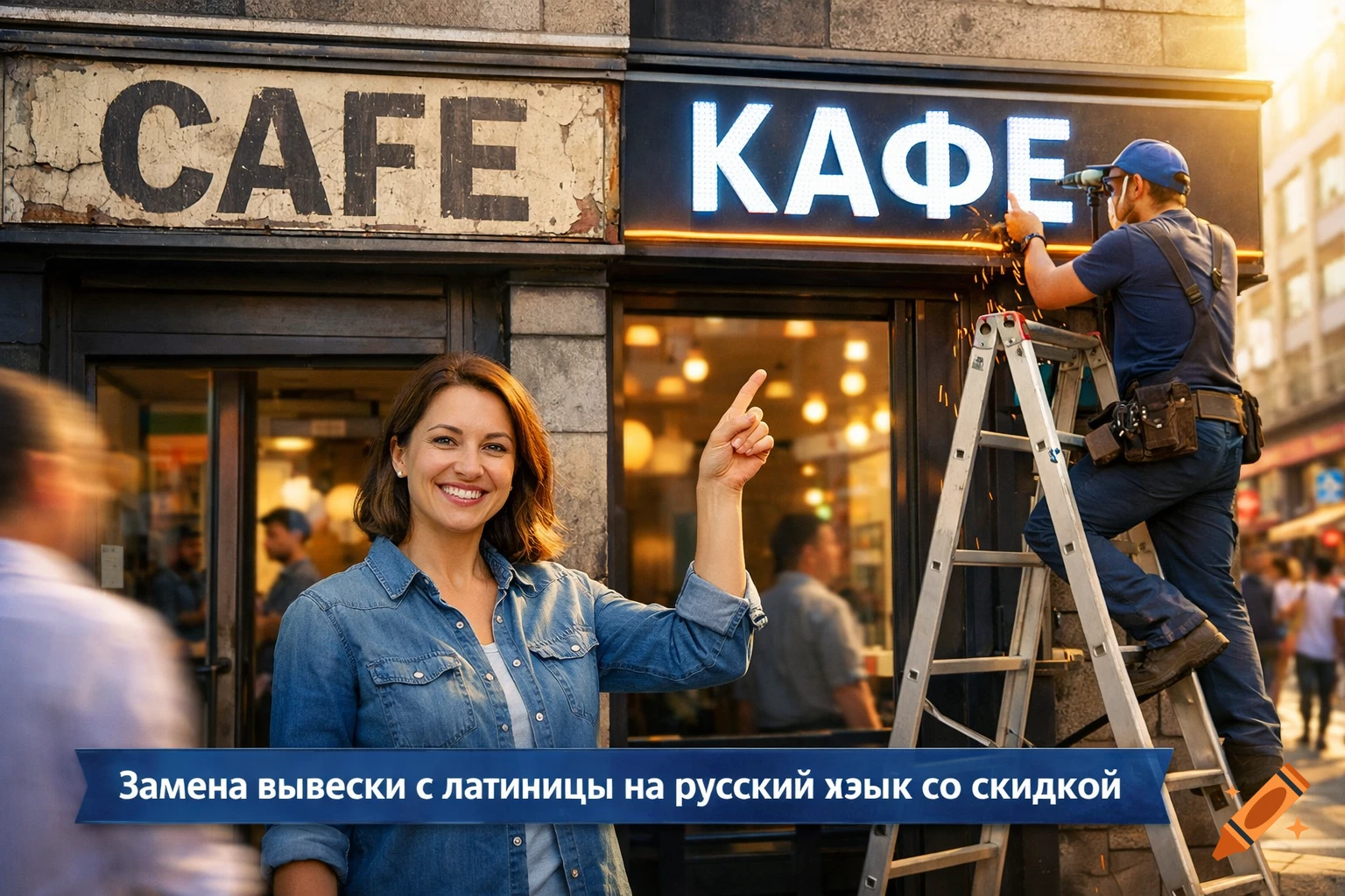 A smiling woman points to a new "КАФЕ" sign being installed next to an old "CAFE" sign, with a worker on a ladder. Photorealistic.