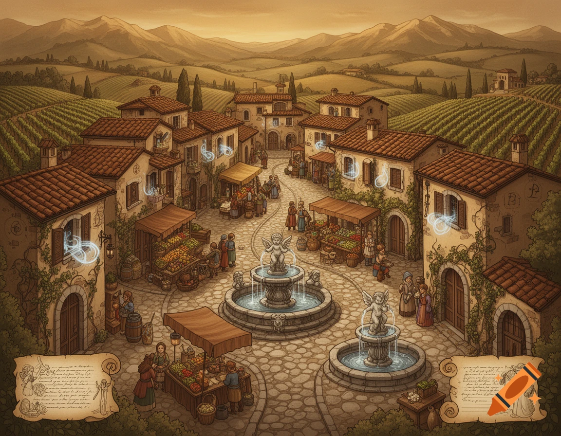 Detailed fantasy map of a Tuscan-style town with market stalls, two fountains, and vineyards under a golden sky.