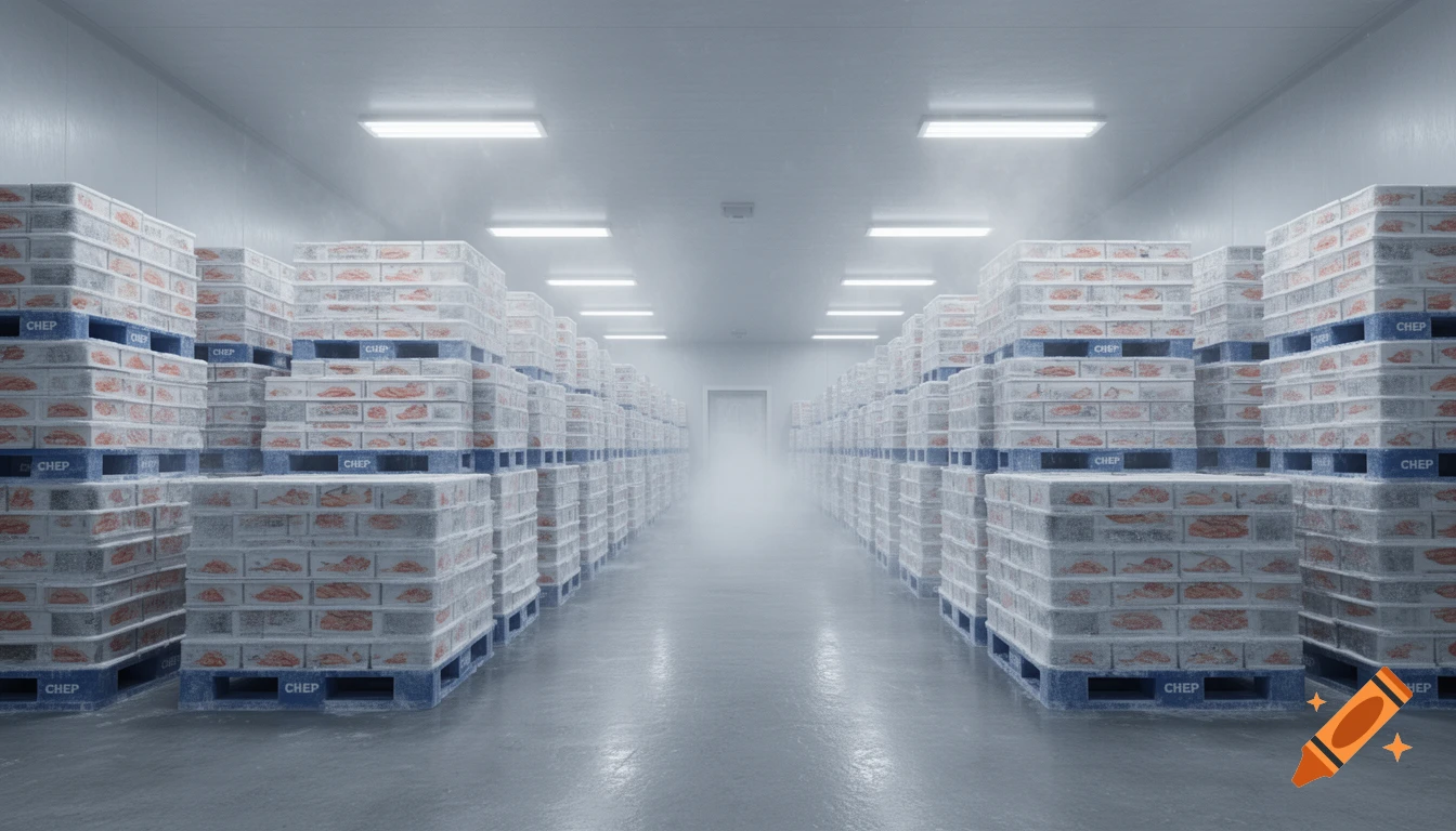 A photorealistic 3D render of a cold storage warehouse aisle filled with stacks of frozen seafood cartons on blue CHEP pallets, receding into a misty distance.