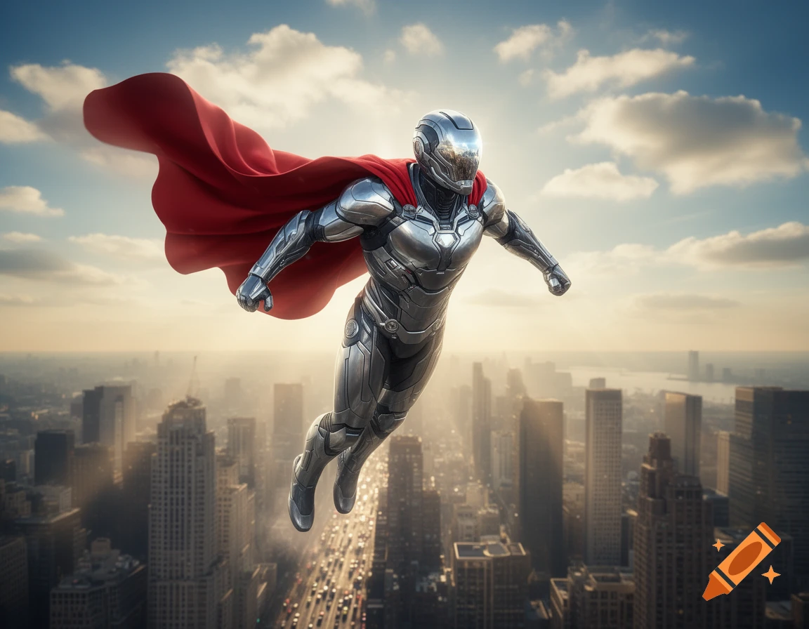 Photorealistic armored superhero with a red cape flying high above a ...