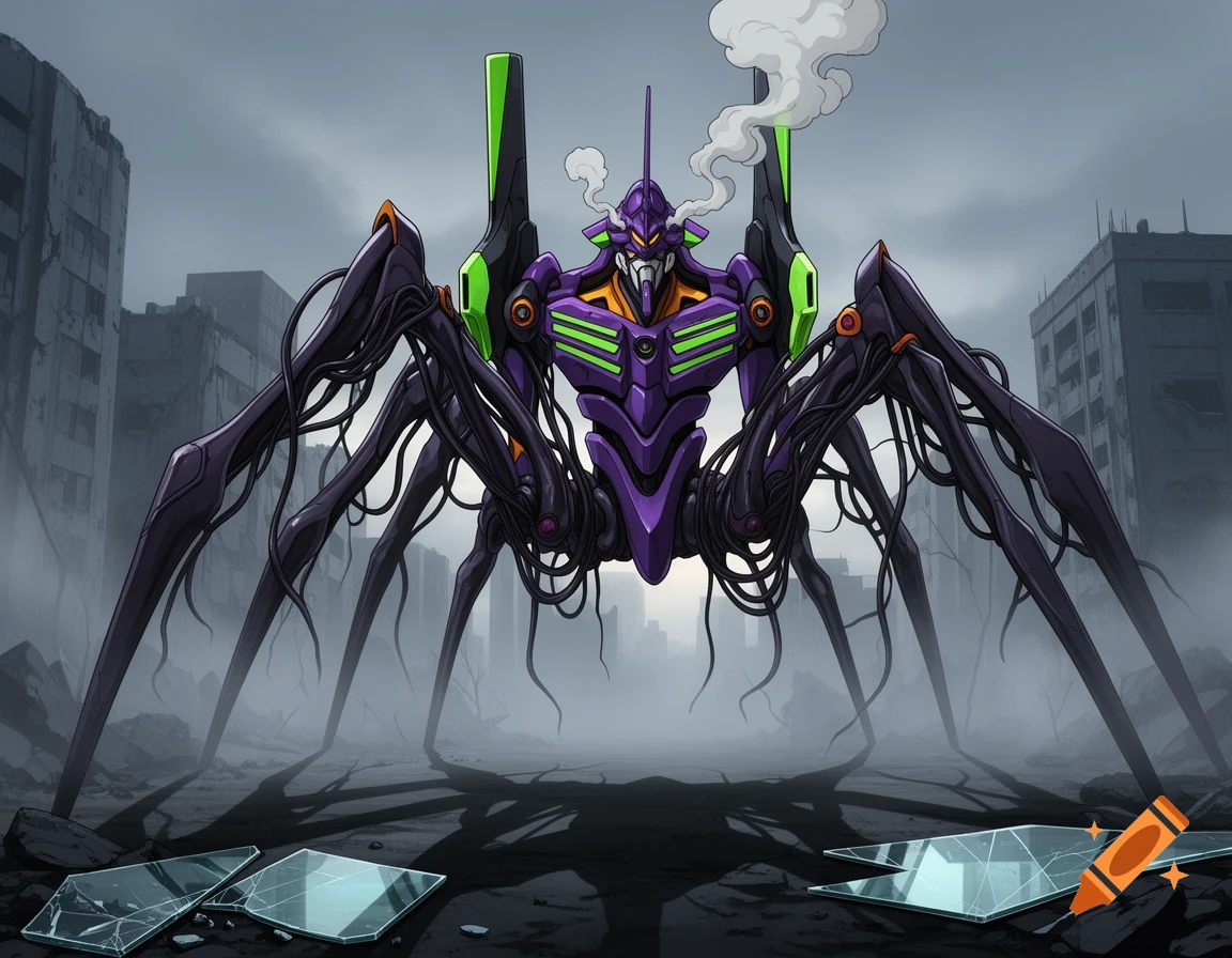 Anime style illustration of a purple and green spider-like mecha standing in a ruined city under a stormy sky.