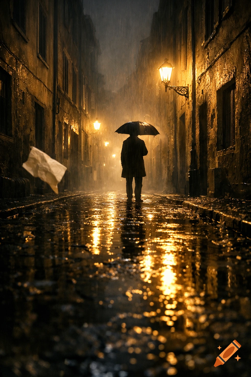 A lone figure walks down a narrow, wet cobblestone street under an umbrella in heavy rain, illuminated by warm streetlights reflecting on the puddles.