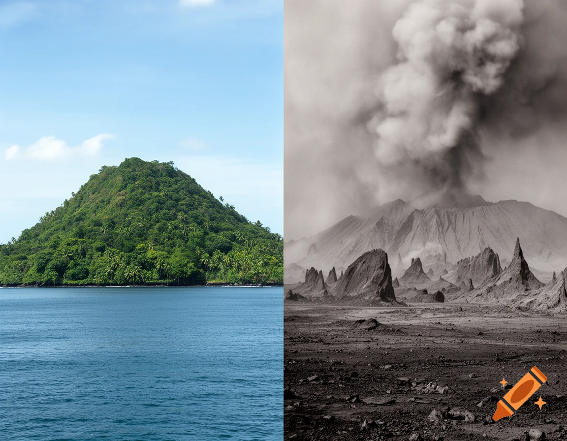 Split image showing a lush tropical island in blue water on the left, and a grayscale volcanic eruption on the right.