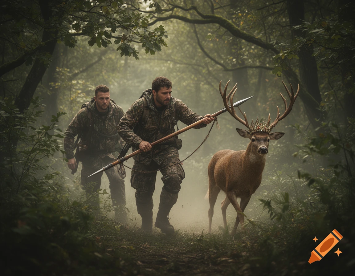 Two hunters with a spear and a deer with a crown walk through a misty forest.