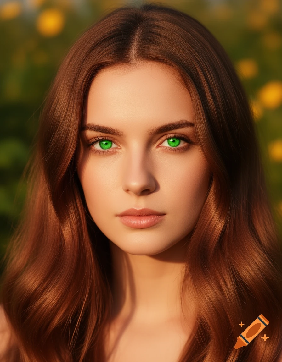 Close-up portrait of a woman with long wavy brown hair and strikingly ...
