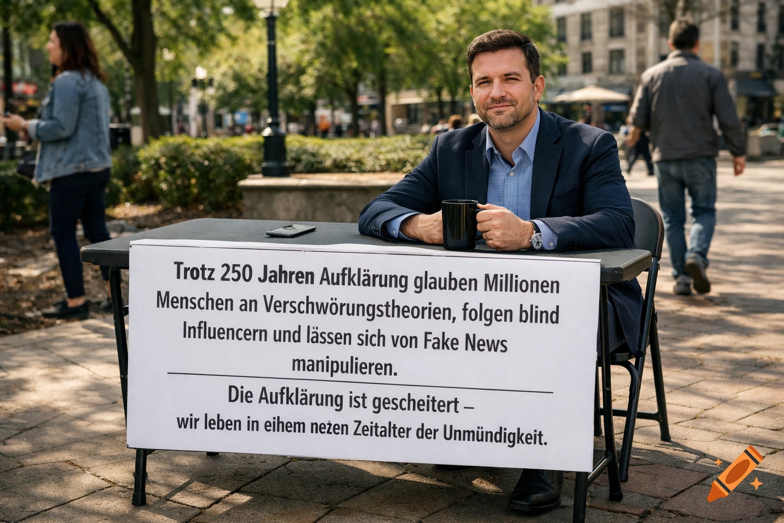 A man in a suit sits at a table with a German sign that reads about conspiracy theories and fake news, in a park-like outdoor setting.