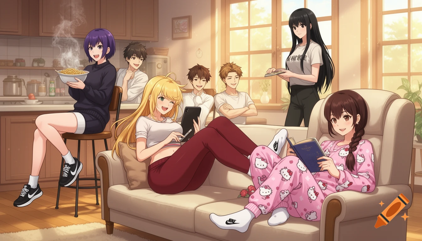 An anime group of four girls and three boys casually gathered in a sunny home setting. One girl holds noodles, another uses a tablet on a couch, a third reads a book, and a fourth stands nearby.