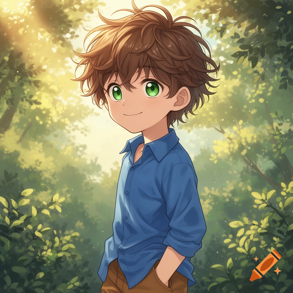 An anime portrait of a smiling boy with brown, tousled hair and vivid green eyes, wearing a blue shirt, stands in a sunlit forest.