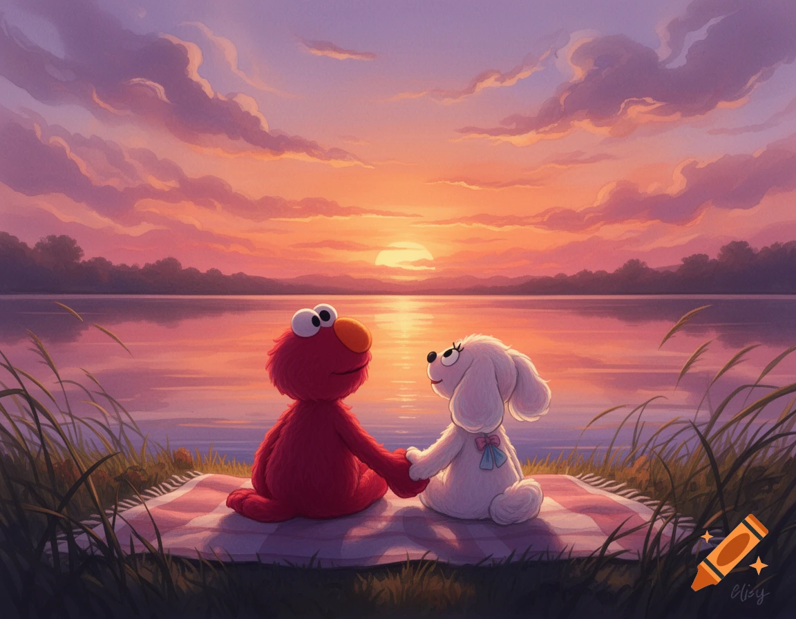 Elmo and a white dog sit on a blanket by a lake, holding hands, watching a vibrant sunset in a cartoon illustration.
