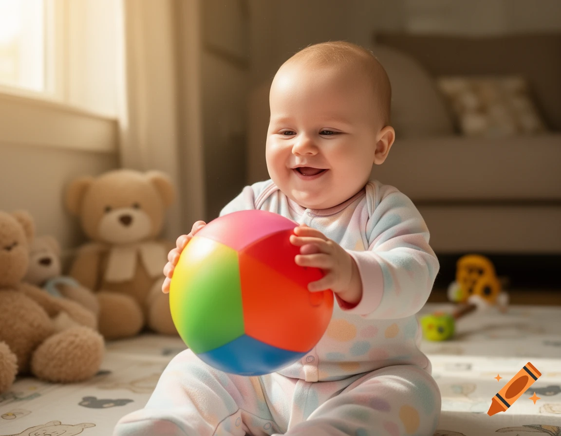 A happy baby sits on a mat indoors, smiling while holding a colorful beach ball, with teddy bears in the background.