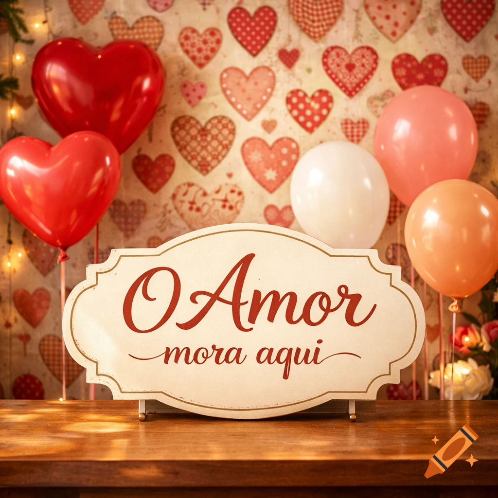 A white sign reading 'O Amor mora aqui' on a wooden table, with heart-patterned wallpaper and colorful balloons in the background.