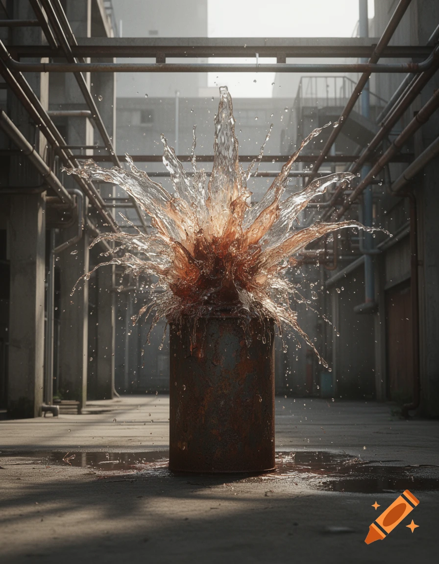 A rusty barrel-like object explodes with a brown liquid splash in a gloomy industrial setting.