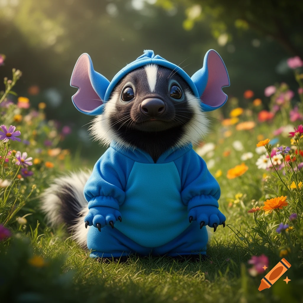 A cute skunk dressed in a blue Stitch costume sits in a grassy field with colorful wildflowers.