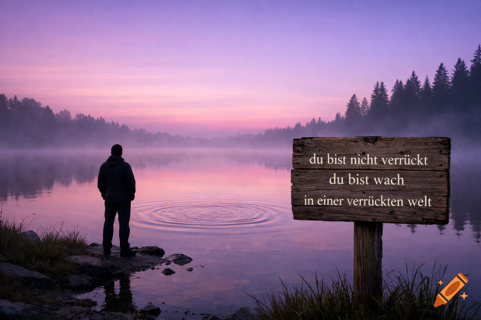 A lone figure stands by a misty lake at sunset, next to a wooden sign displaying German text.