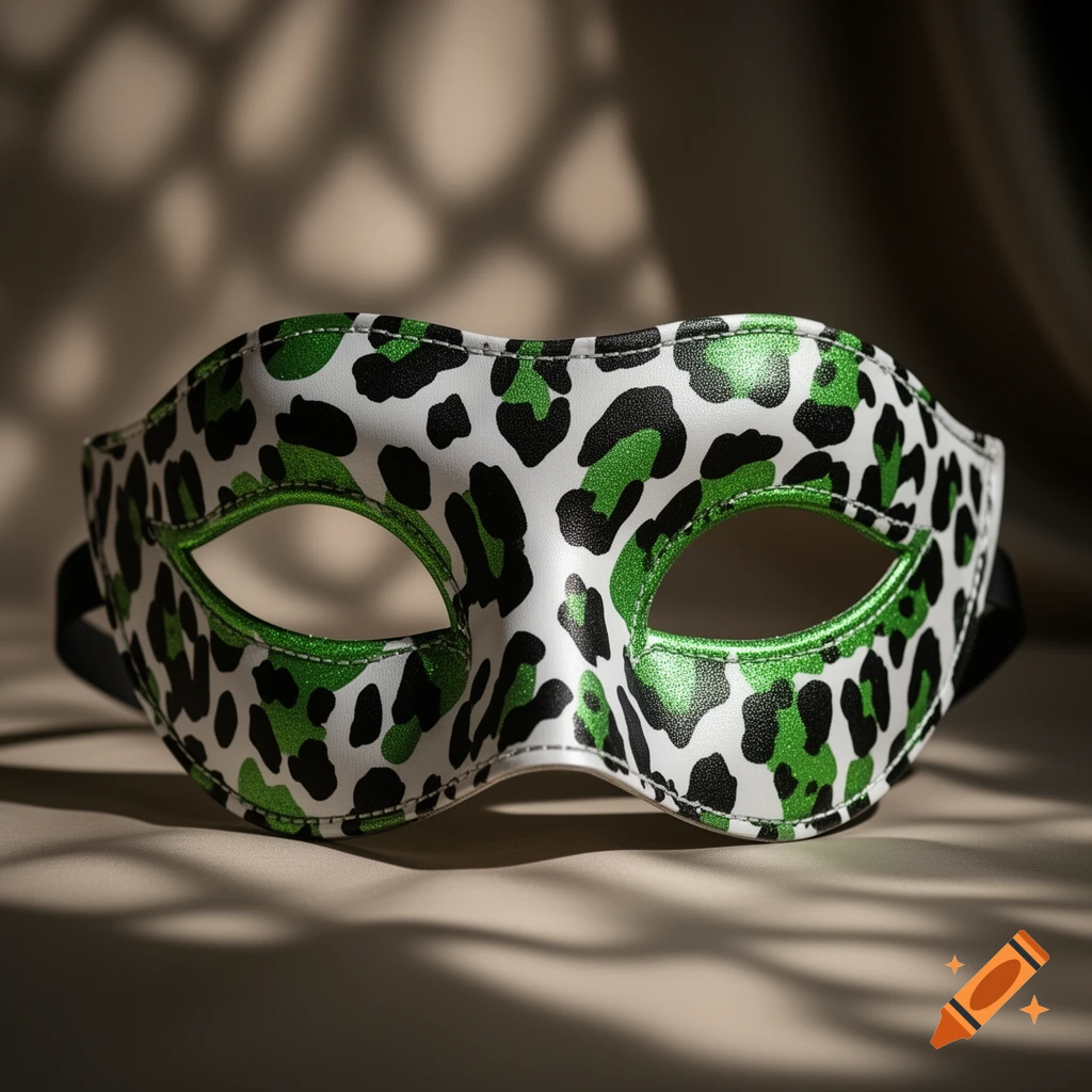 A white and green leopard print masquerade mask sits on a light surface, casting shadows under dramatic lighting.
