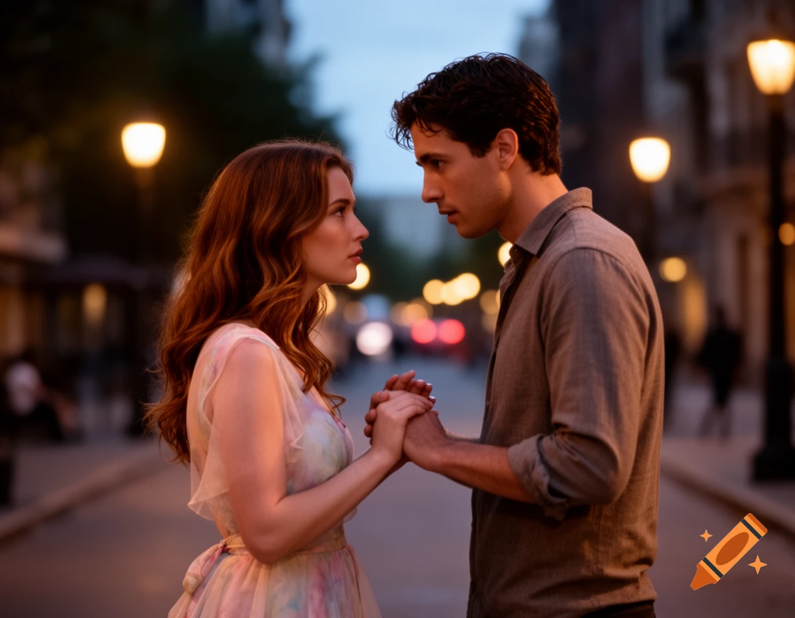 A man and a woman holding hands, gazing intently at each other on a city street at dusk, with blurred streetlights in the background.