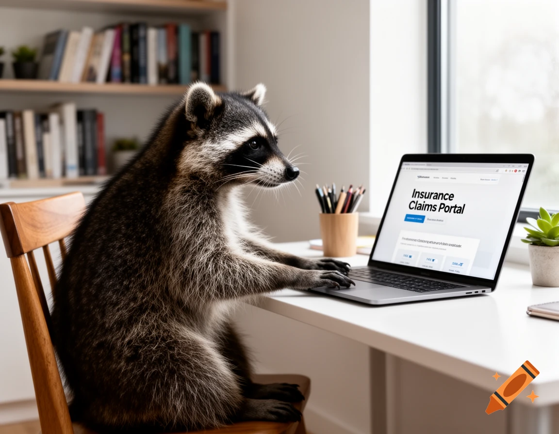 A photorealistic raccoon sits at a desk, typing on a laptop with 'Insurance Claims Portal' displayed on the screen.