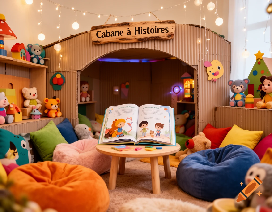 A whimsical children's reading nook made from cardboard with string lights, colorful cushions, stuffed animals, and an open storybook on a wooden table.