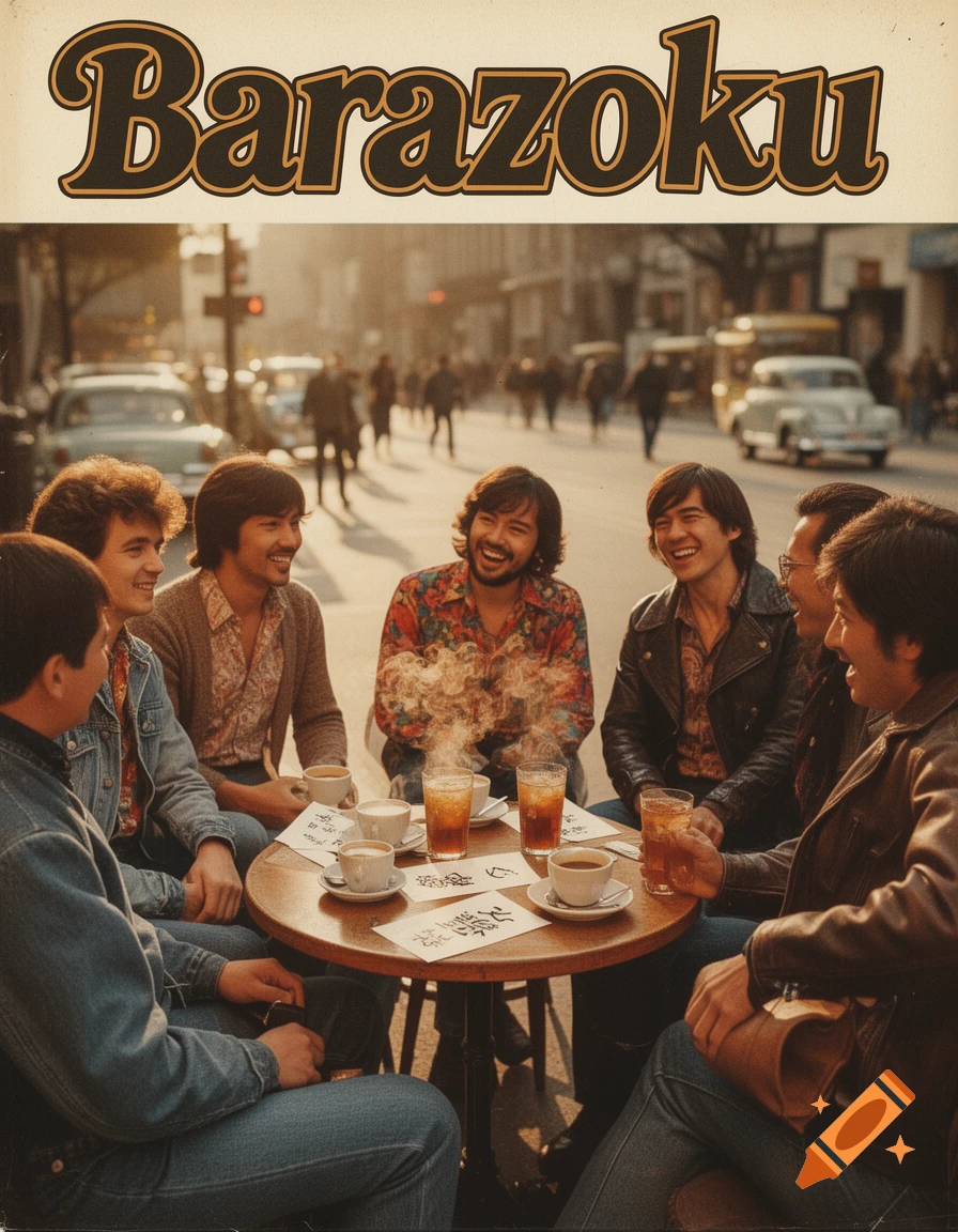 A group of six smiling Asian men in retro clothing sit around a small cafe table on a sunny city street, with the word 'Barazoku' prominently displayed above them in a vintage font.