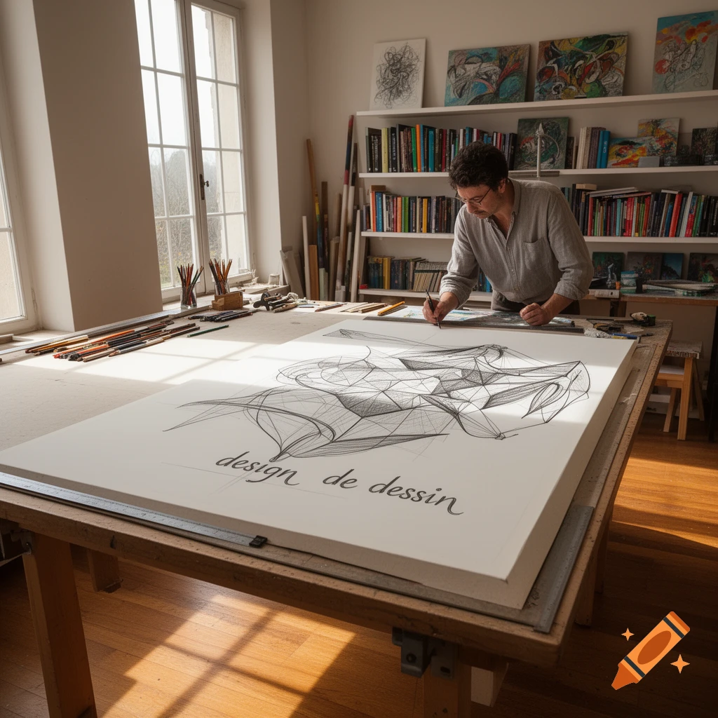 A man in a bright art studio drawing a geometric design and French text on a large canvas, with bookshelves behind him.