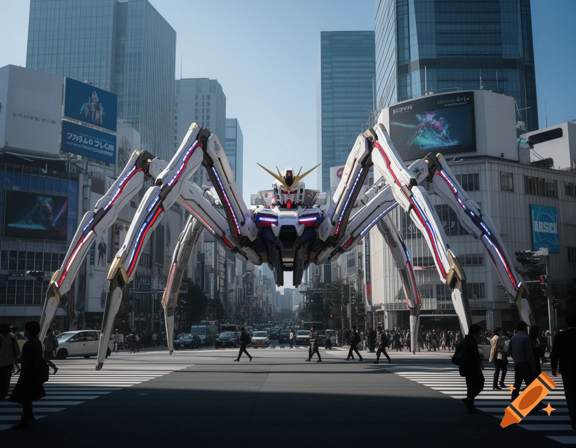 A giant white and gold Gundam-like robot with multiple spider legs stands in the middle of a busy city street on a crosswalk.