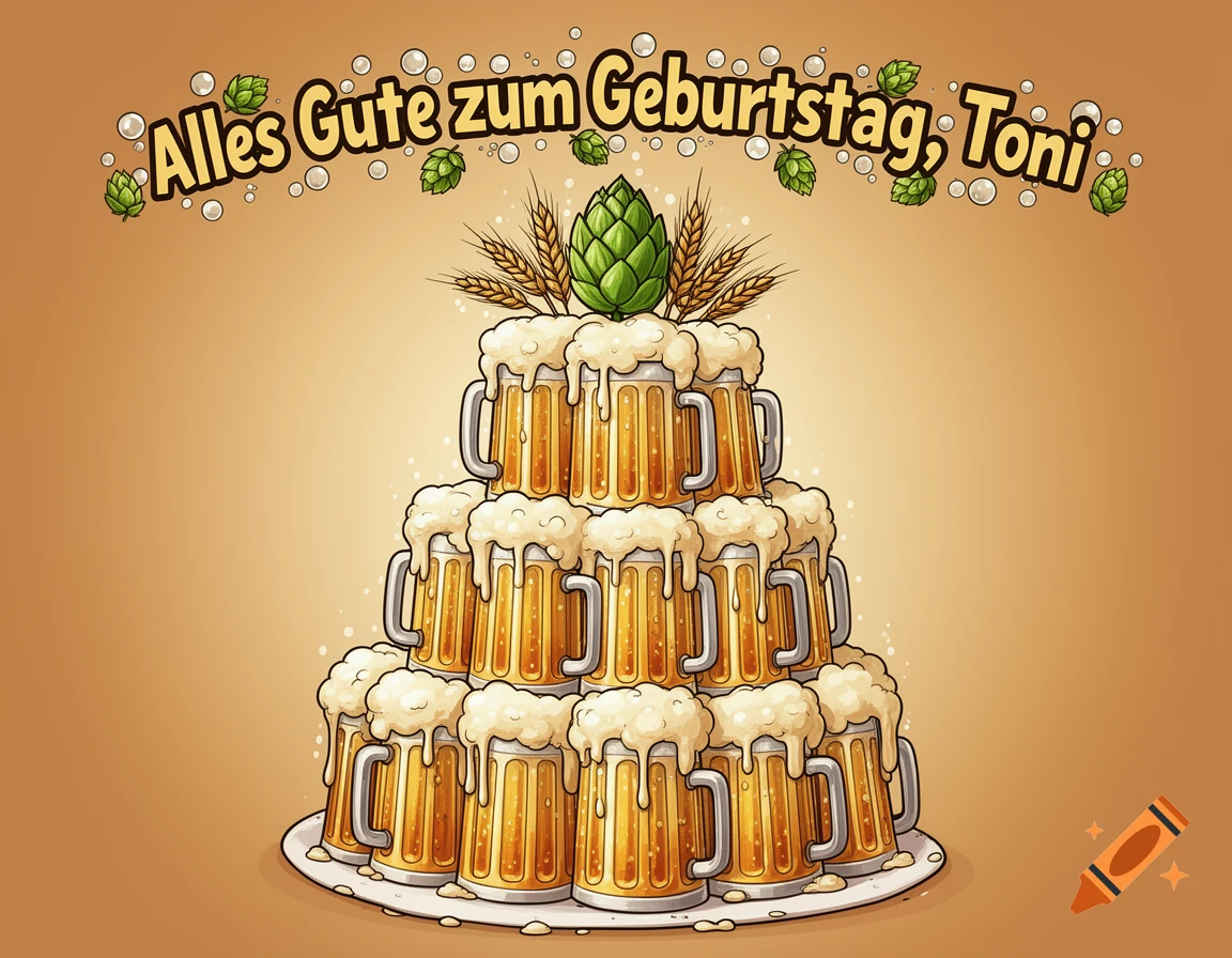 Cartoon birthday cake made of stacked beer mugs with foam, topped with hops and wheat. Text reads: 'Alles Gute zum Geburtstag, Toni'.