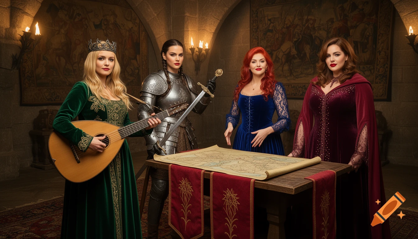 Four women in medieval attire stand around a map in a castle-like room ...