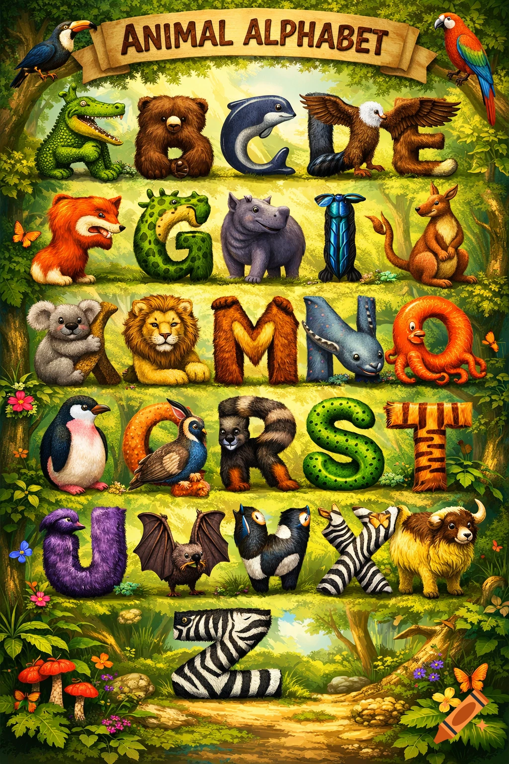A vibrant animal alphabet poster, with each letter from A to Z creatively formed by a different animal in a lush forest setting.