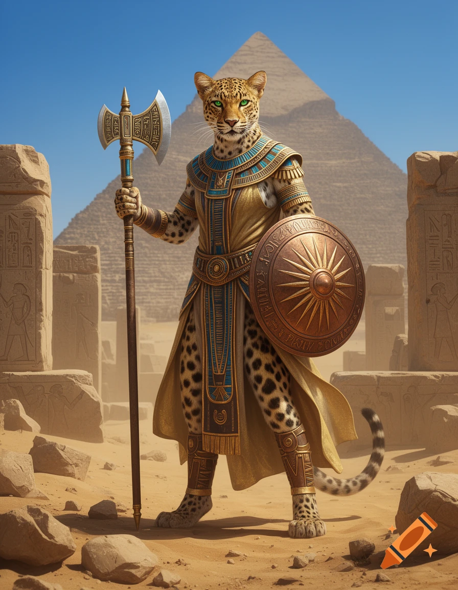 An anthropomorphic leopard warrior, dressed in ornate ancient Egyptian-style gold and blue armor, holds an axe and shield in a desert landscape with a pyramid in the background.