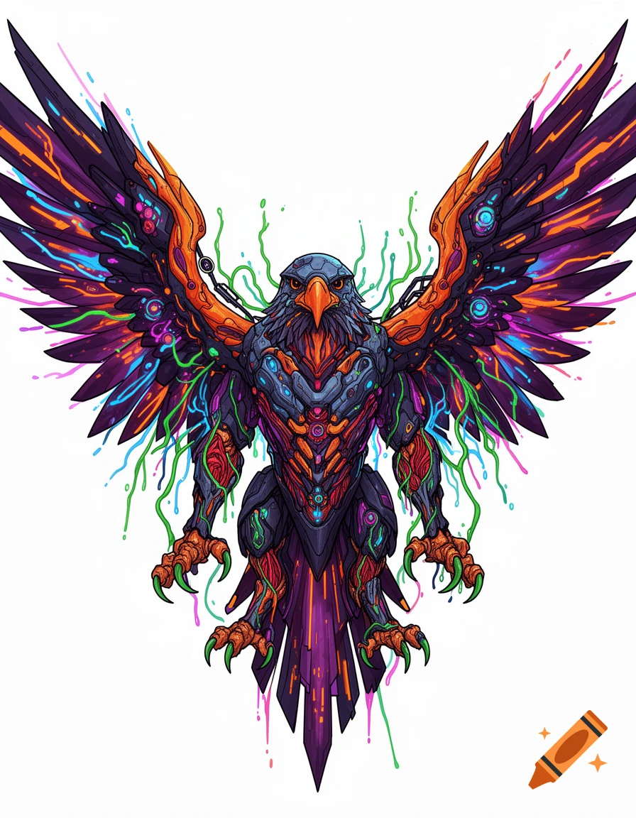 A vibrant biopunk eagle with glowing purple, orange, blue, green, and red biomechanical features and exposed energy cores, against a white background.