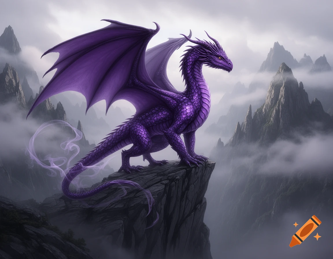A majestic purple dragon with large wings perched on a craggy cliff ...