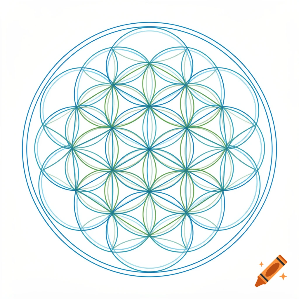 A blue and green Flower of Life sacred geometric pattern on a white background.