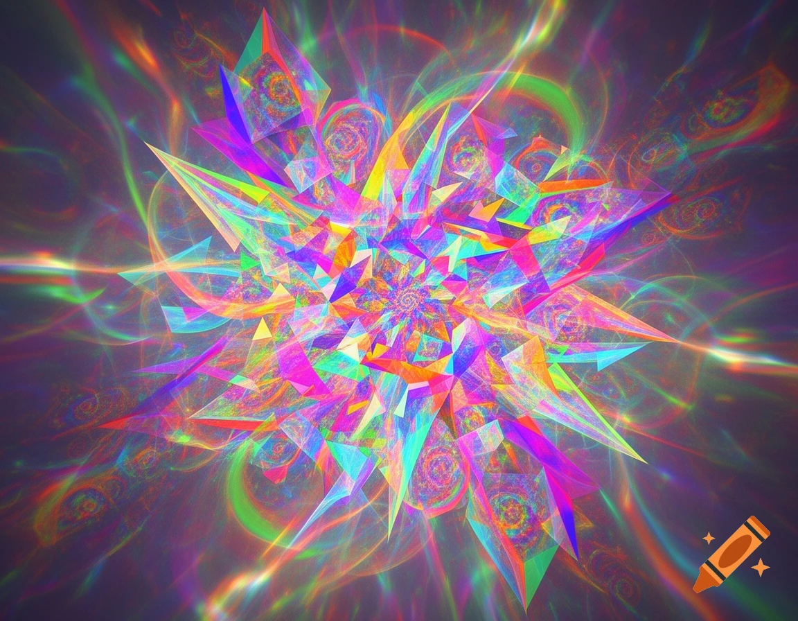 A vibrant, colorful psychedelic abstract artwork featuring geometric shapes and swirling light patterns.