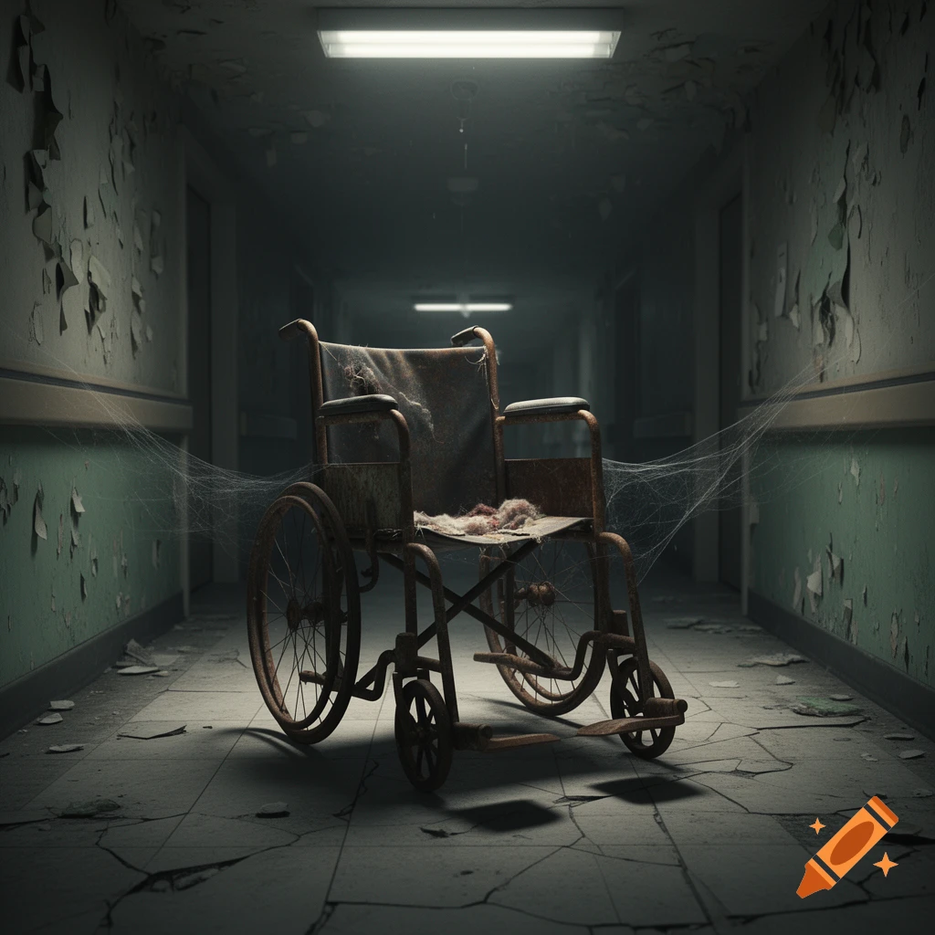 A rusty wheelchair with cobwebs sits in a dark, decaying hospital corridor, creating a horror scene.