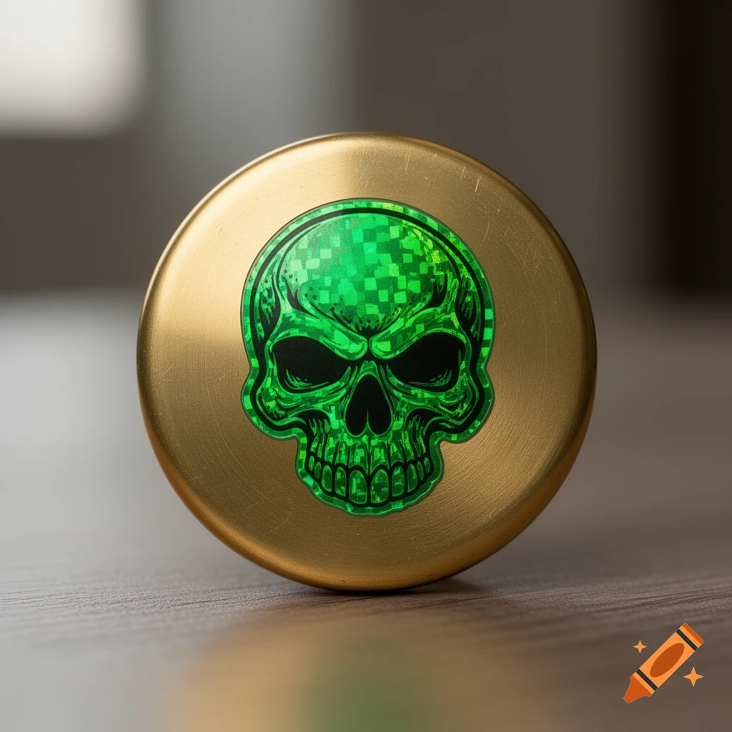 A round brass metal pog slammer with a vibrant green holographic skull sticker.
