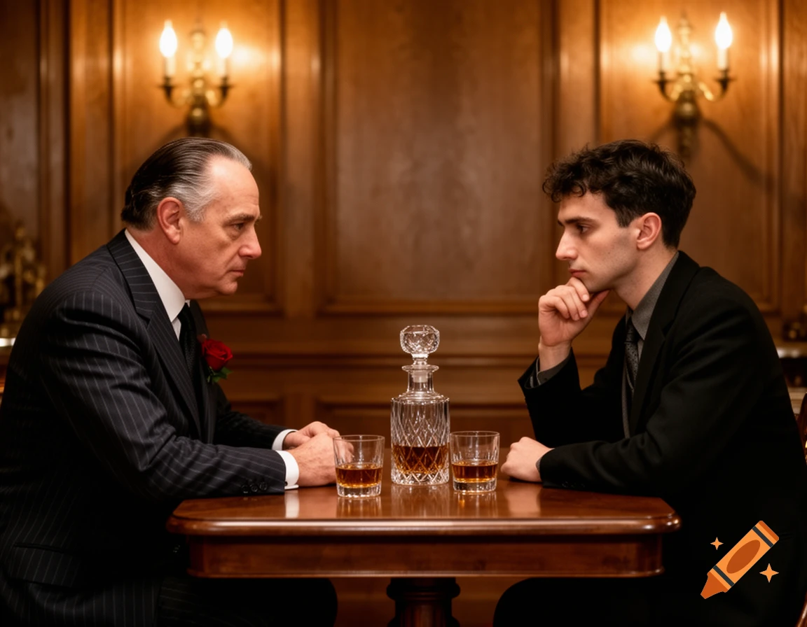 Two men in suits sit opposite each other at a wooden table with a decanter and glasses, in a formal, wood-paneled room.
